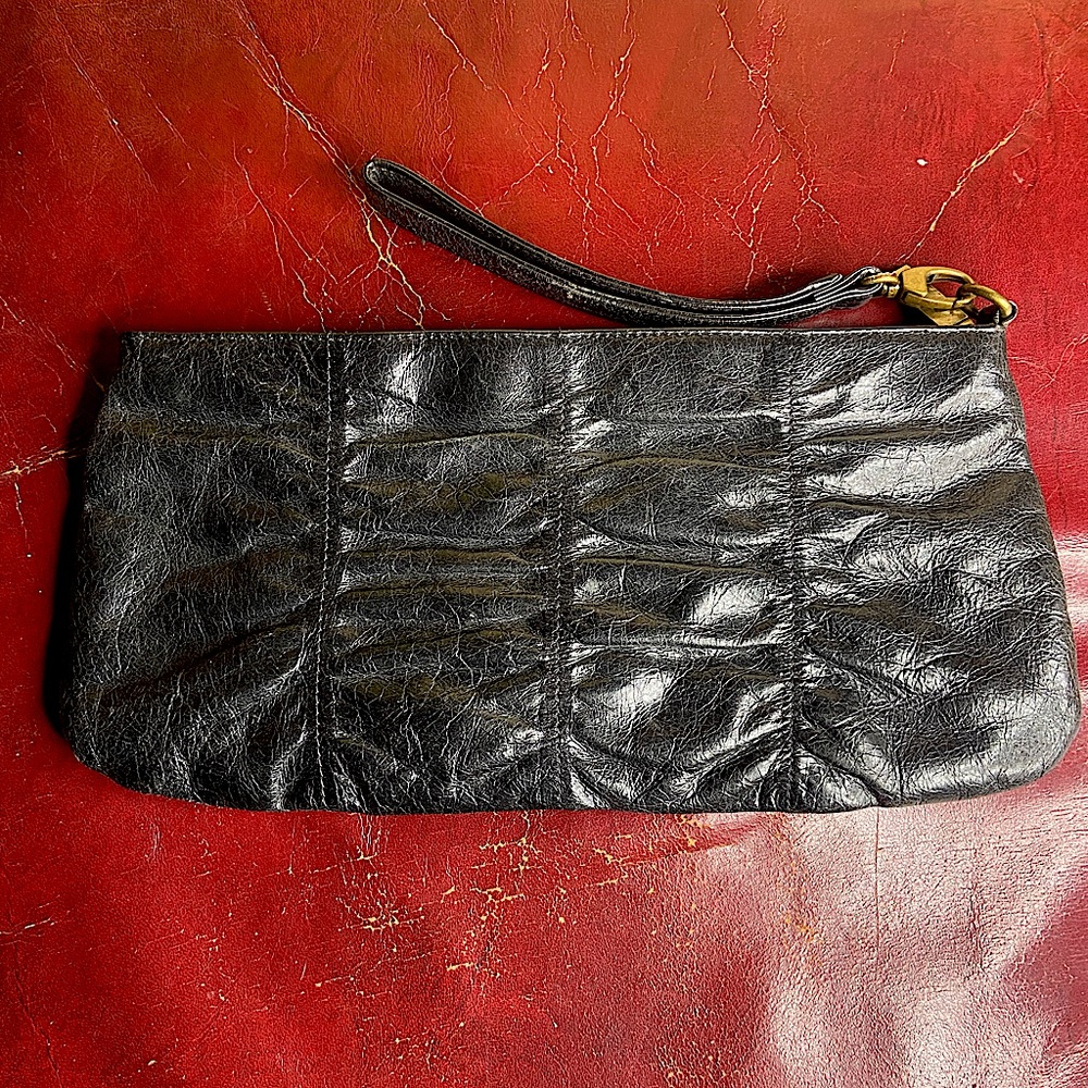 Black Leather Hobo Wristlet Purse Clutch